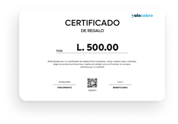 Certificado de regalo por L. 500.00 emitido con Yalo Cobro