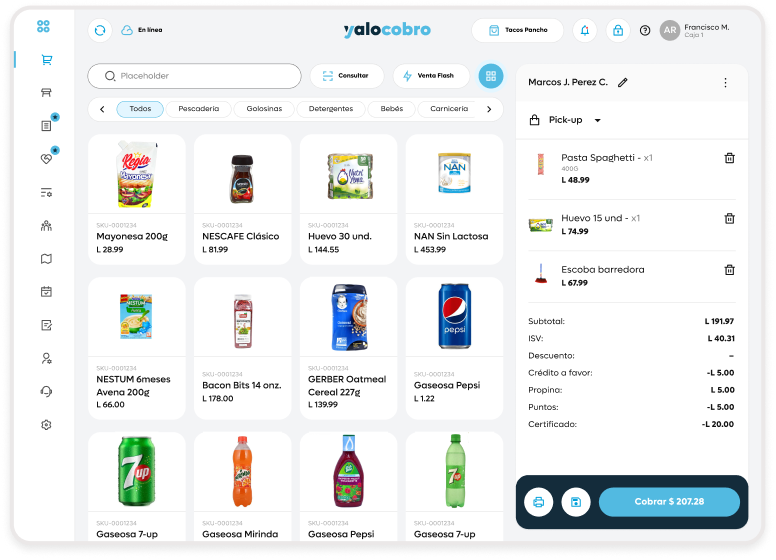 Interfaz del punto de venta de Yalo Cobro para tiendas con catálogo de productos y carrito de compra