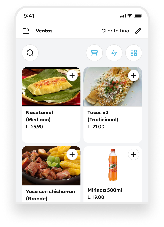 Listado de productos en la pantalla de ventas del punto de atención