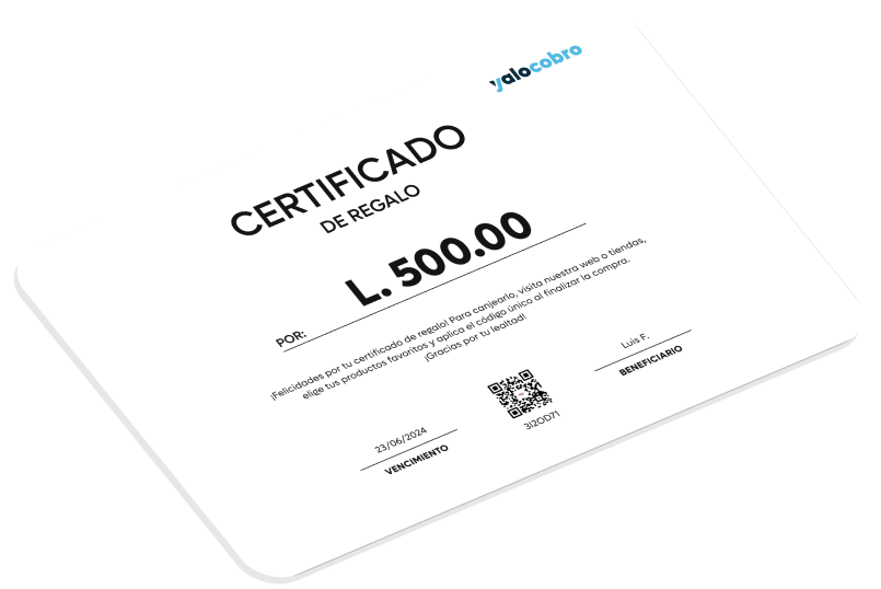Certificado de regalo digital de L. 500.00 emitido con Yalo Cobro