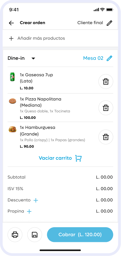Orden en curso con productos, subtotal y botón de cobro